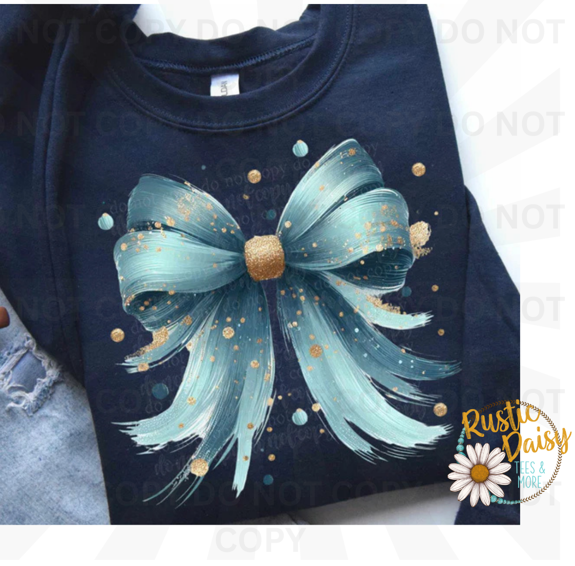 Blue ribbon bow with gold metallic speckled accents