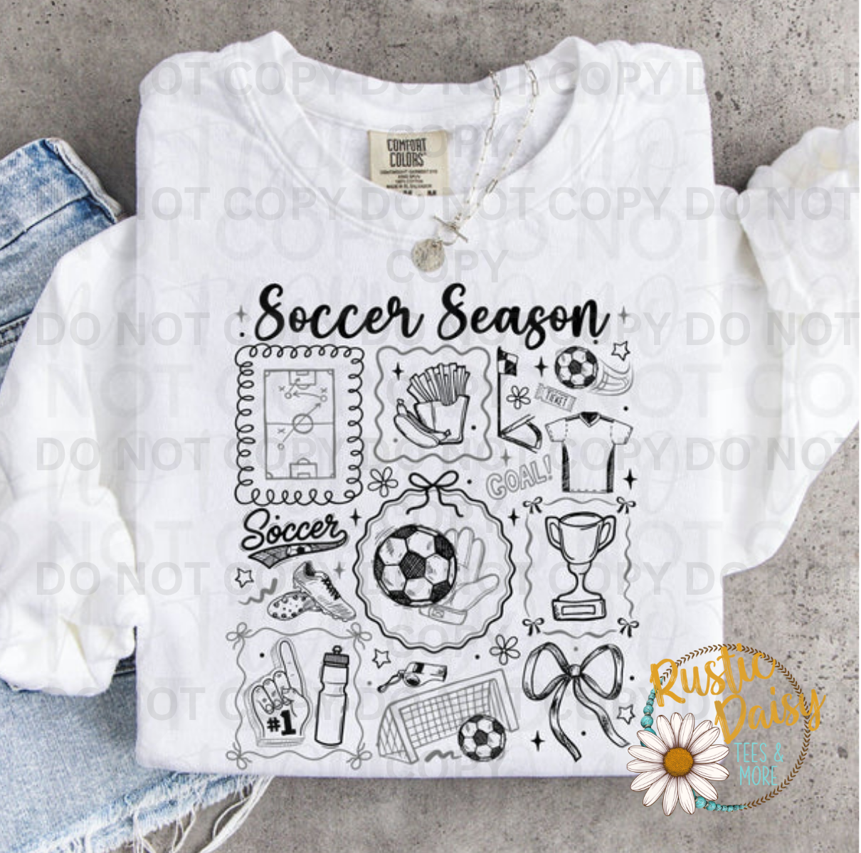 Soccer Season collage with ball field jersey trophy and bow doodles
