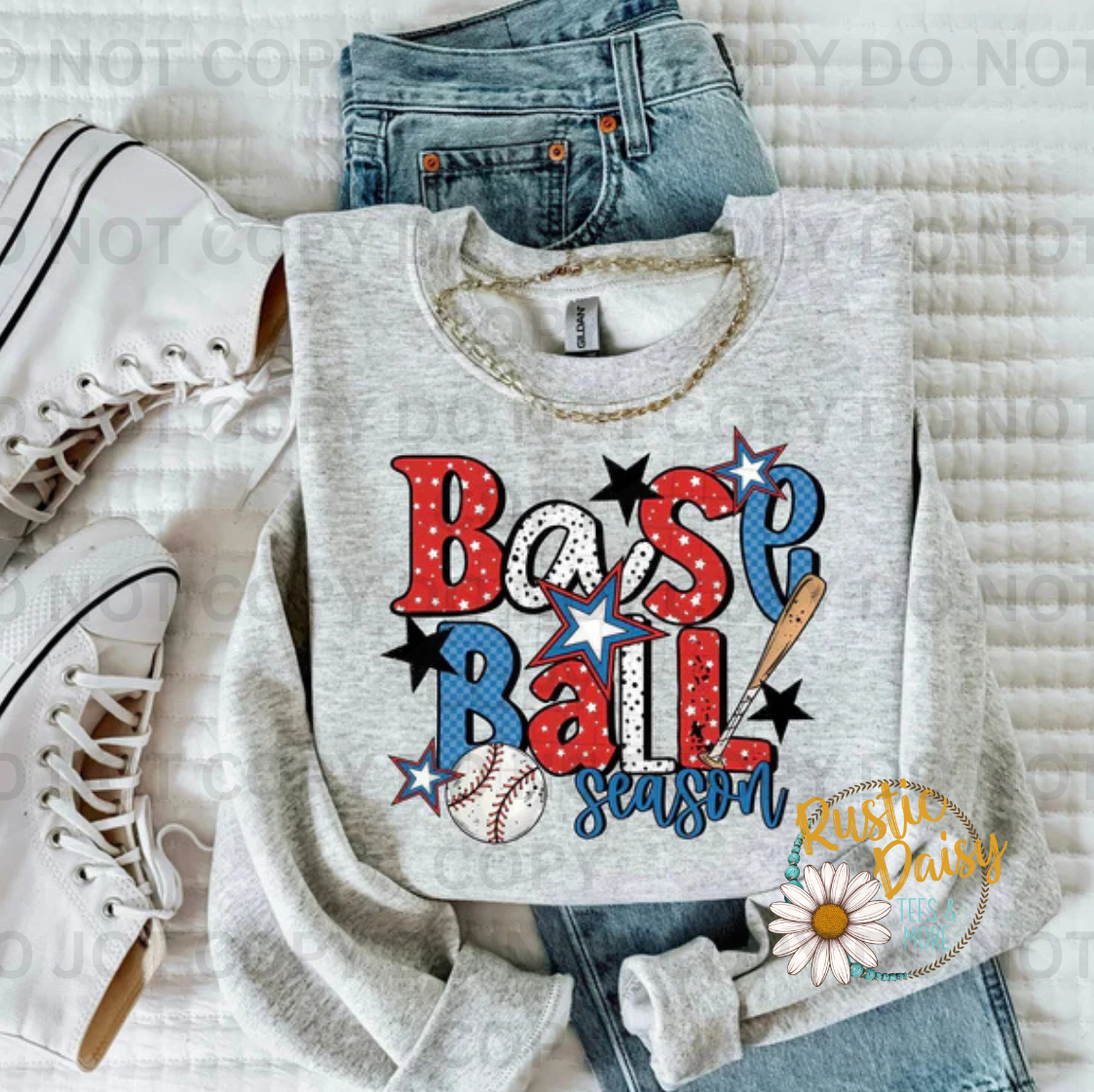 Baseball Season text with patterned baseball-themed letters and star accents