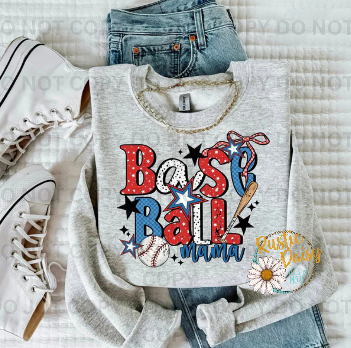 Baseball Mama text with patterned baseball-themed letters and star accents