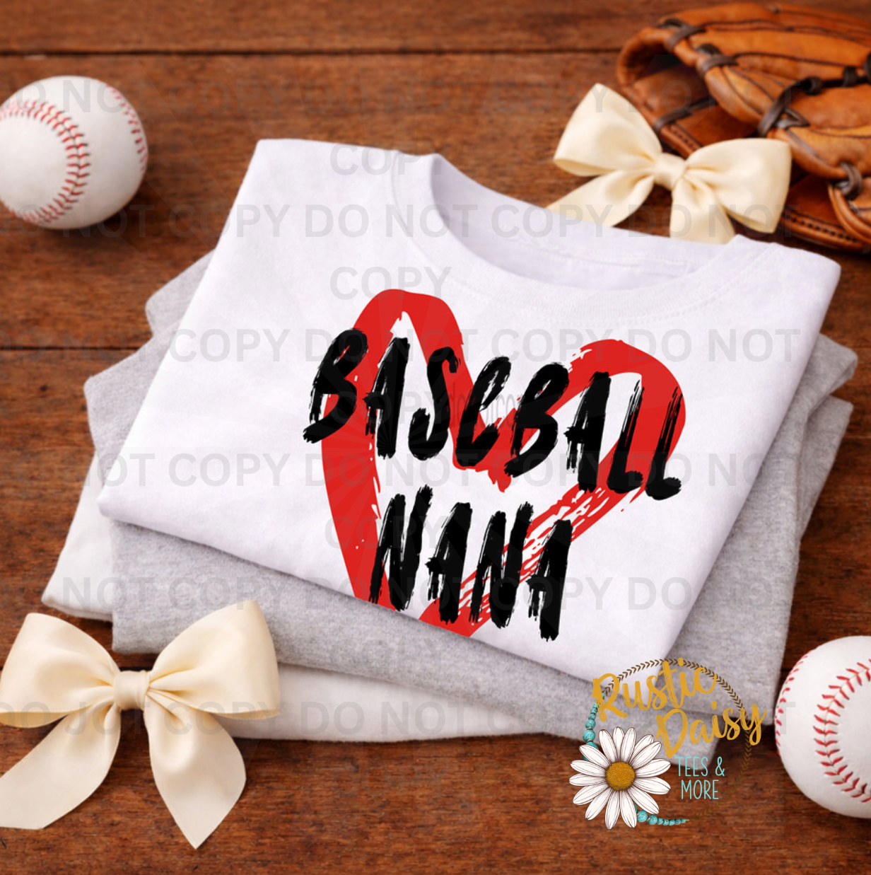 "Baseball Nana" in bold black brush lettering over a red painted heart.