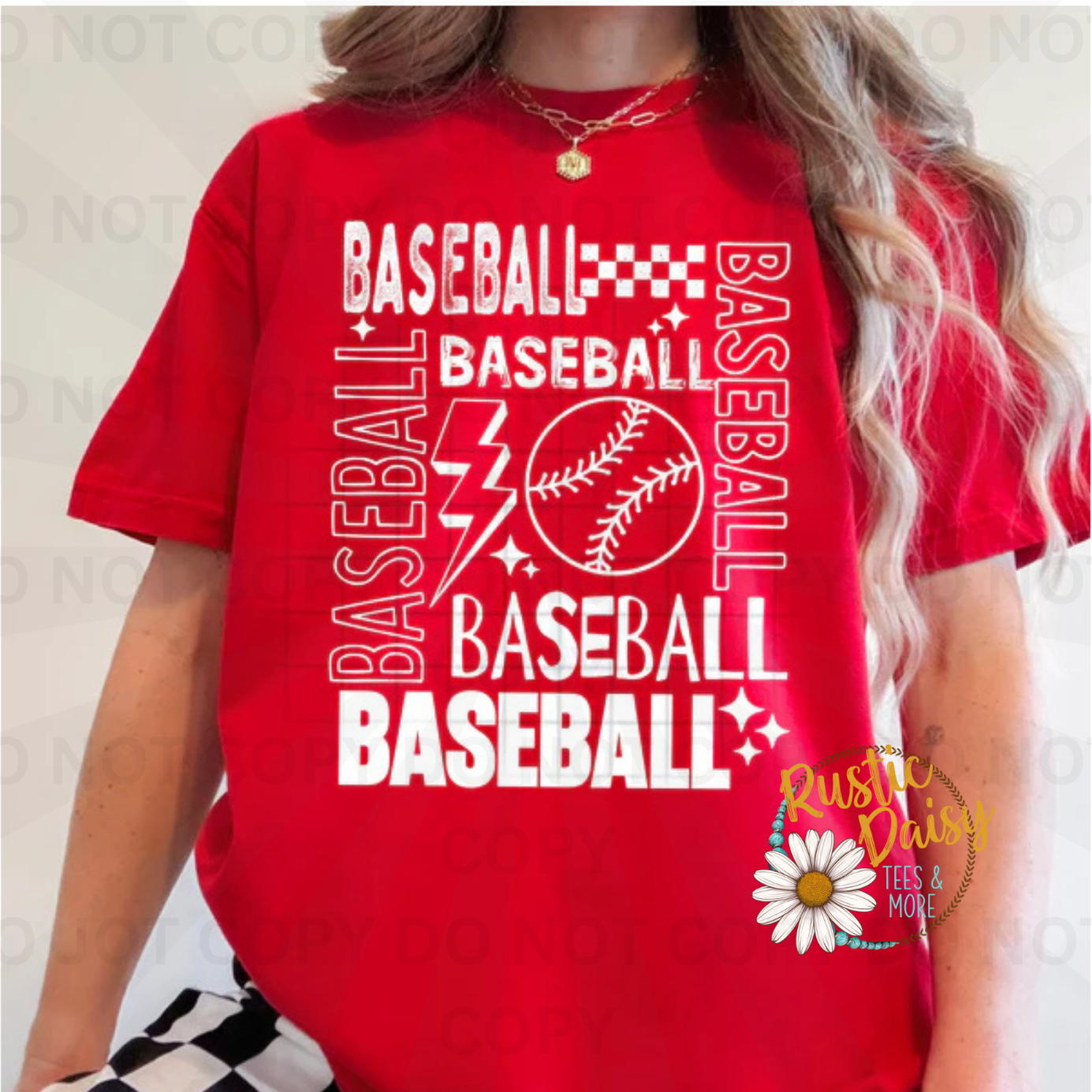 Baseball text repeated in various fonts with lightning bolt, baseball, checkered pattern, and stars