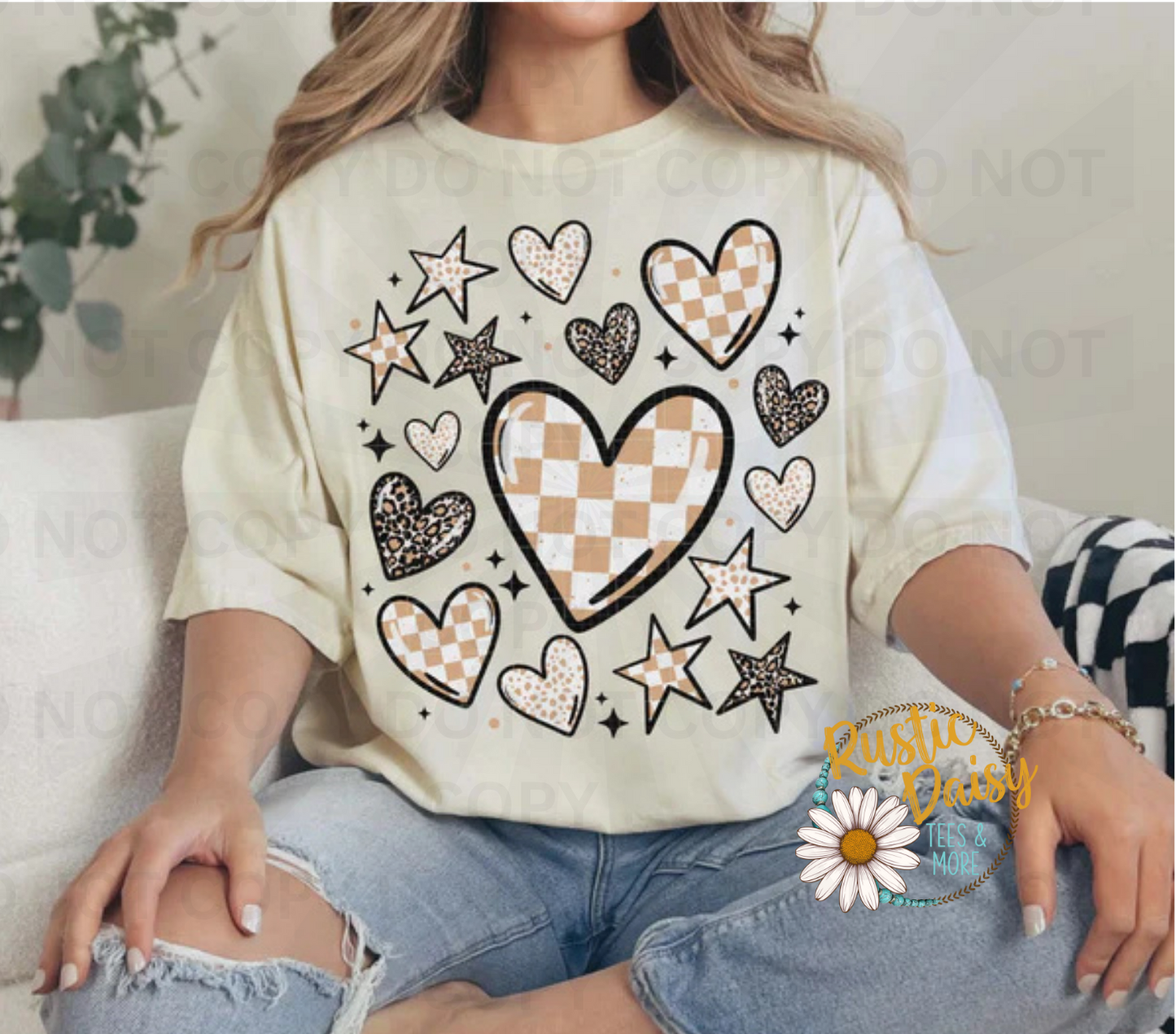 Mixed pattern of hearts and stars with checkered and leopard print accents