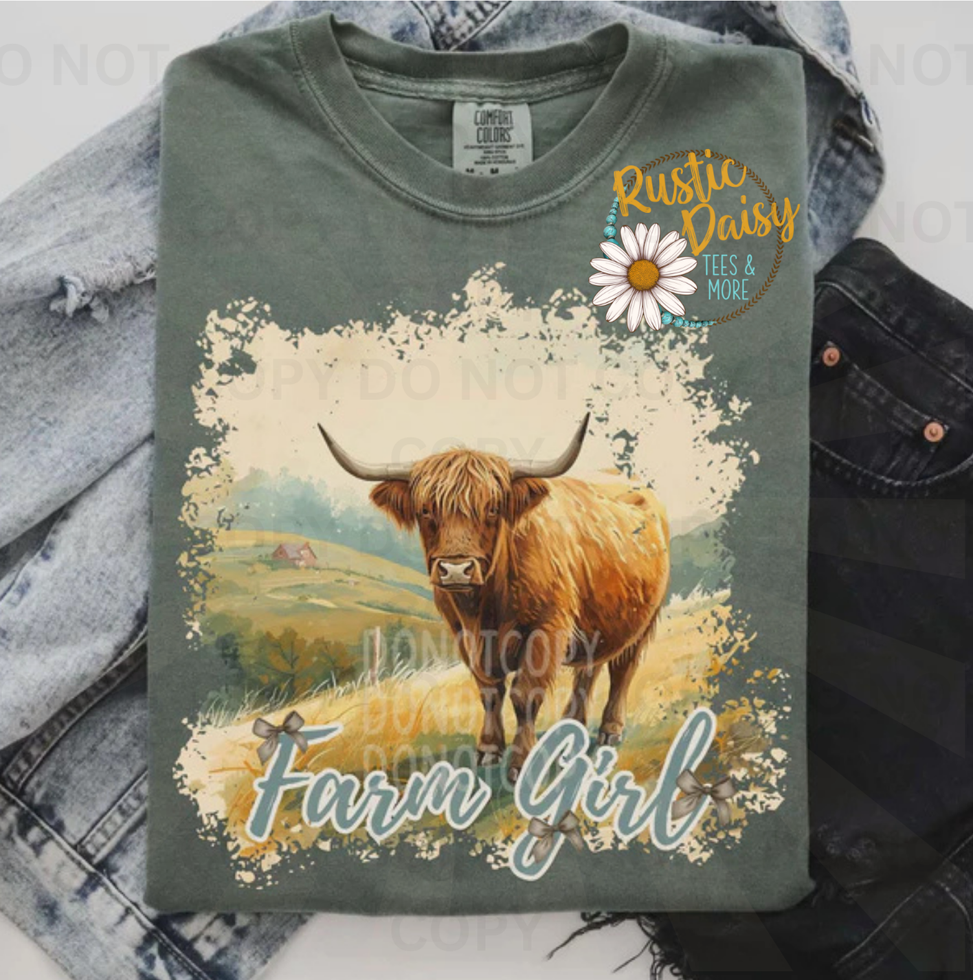 Highland cow in pastoral landscape with I'm a farm girl text