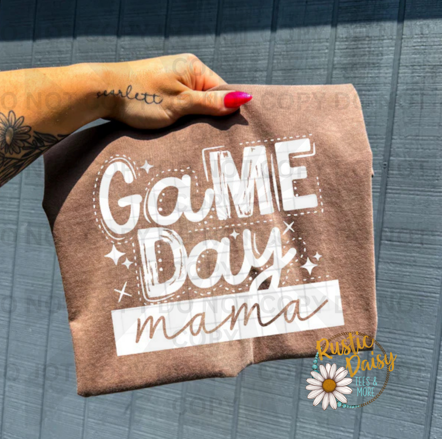 Game day mama white text with stars and decorative lettering