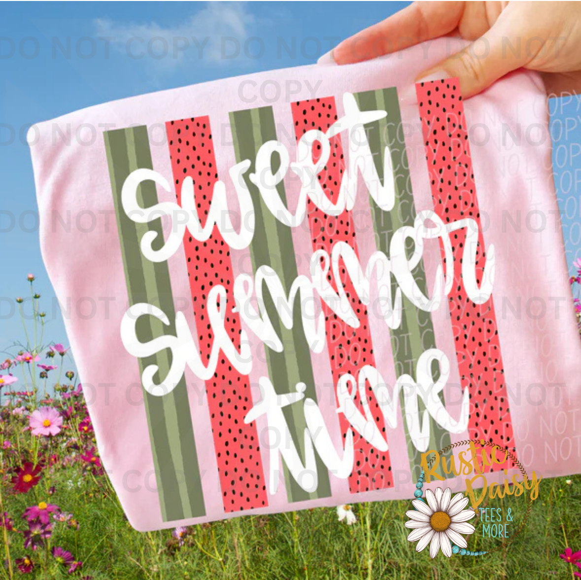 "Sweet Summertime" in white script over watermelon-print and olive stripes.