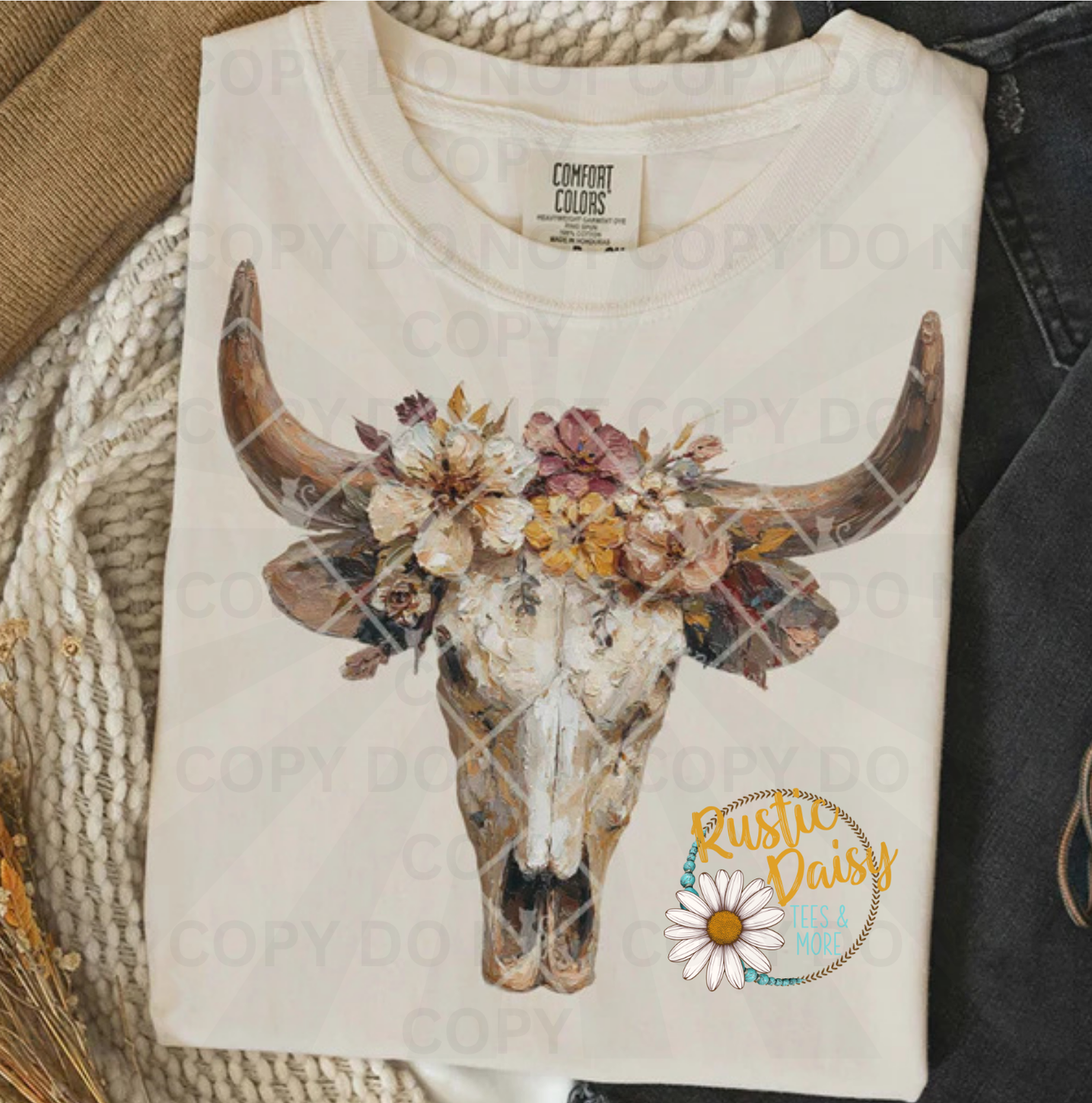 Watercolor bull skull with floral crown arrangement