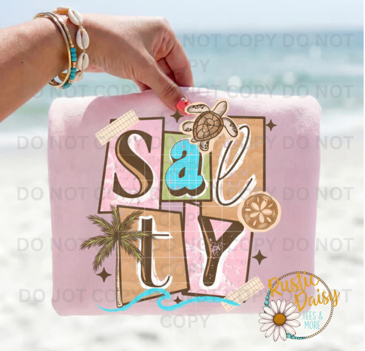 "Salty" in mixed lettering with a sea turtle, palm tree, and coastal accents.