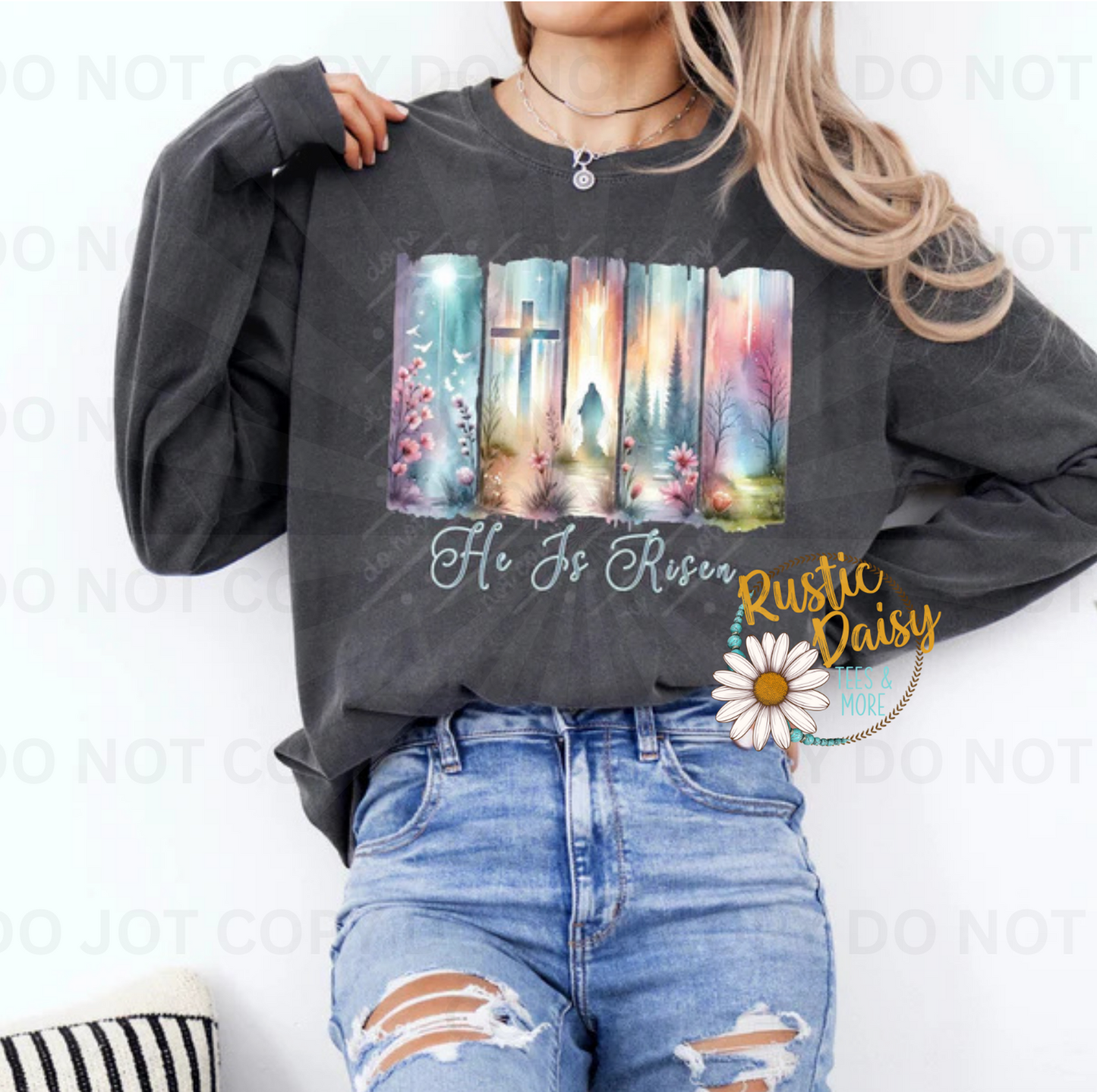 He is risen text with watercolor tumblers featuring cross, nature scenes, and floral elements