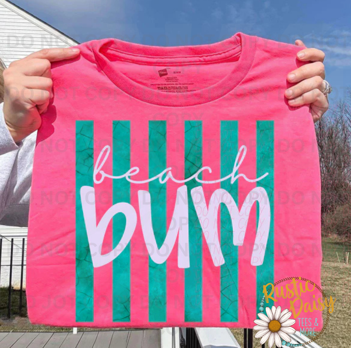 "Beach Bum" in white script over teal vertical stripes.
