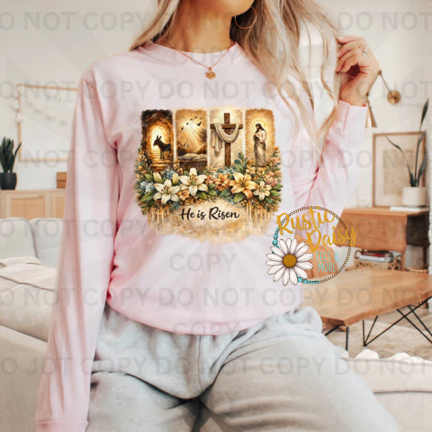 He is risen text with arched windows showing empty tomb and Easter lily arrangement