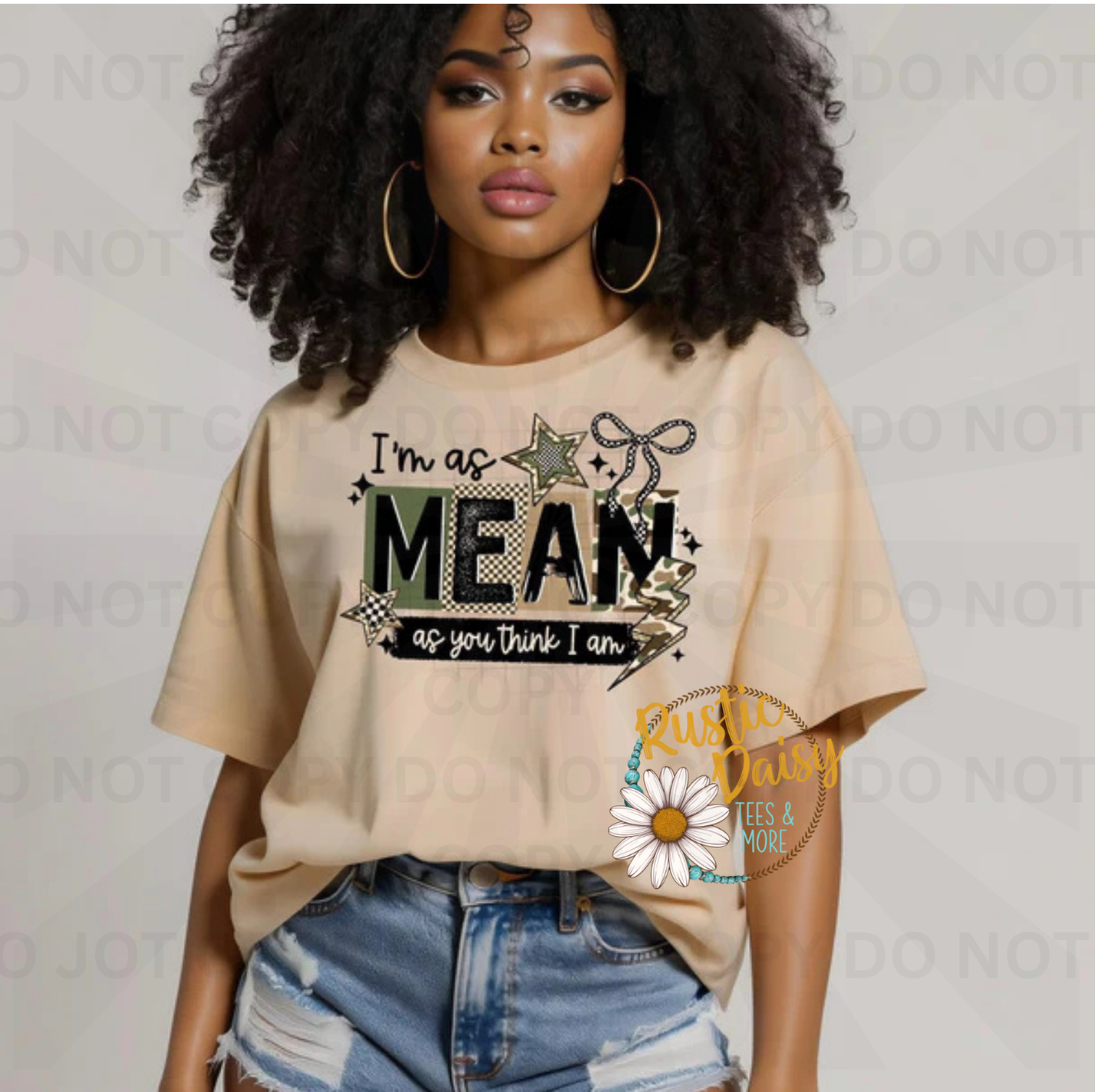 I'm as mean as you think I am text with checkered pattern, leopard print, stars, lightning bolt, and bow accents