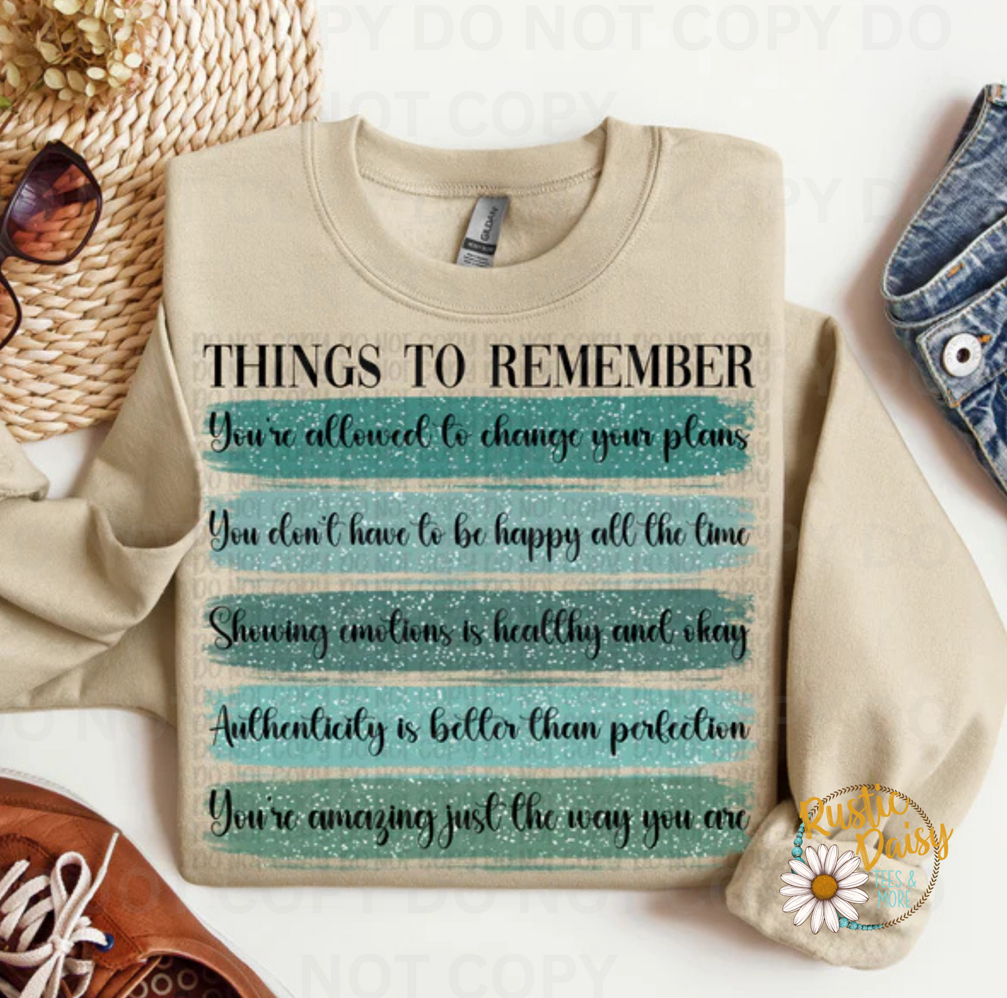 T-shirt with THINGS TO REMEMBER You're allowed to change your plans You don't have to be happy all the time Showing emotions is healthy and okay Authenticity is better than perfection You're amazing just the way you are text on turquoise faux glitter stripes
