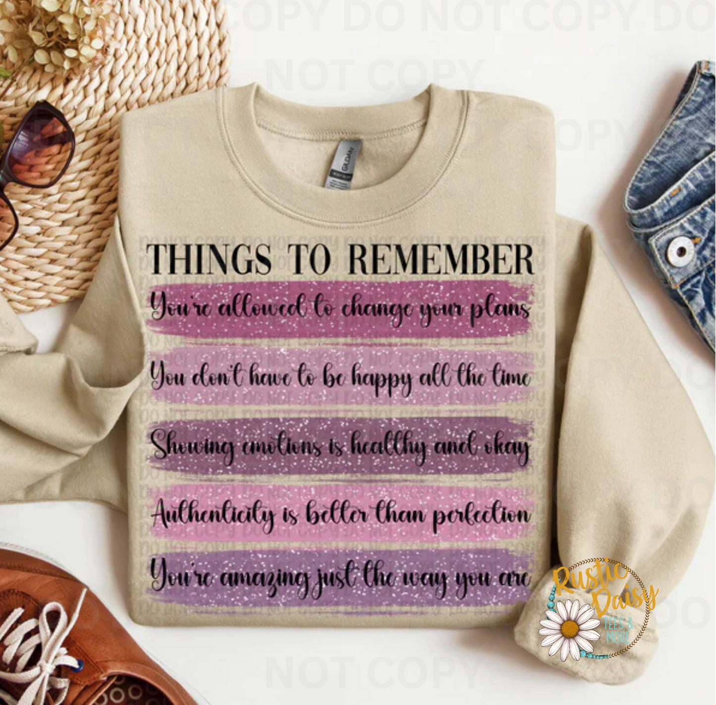 -shirt with THINGS TO REMEMBER You're allowed to change your plans You don't have to be happy all the time Showing emotions is healthy and okay Authenticity is better than perfection You're amazing just the way you are text on pink faux glitter stripes
