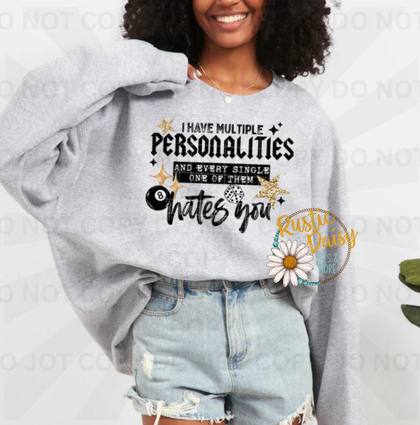 I have multiple personalities and every single one of them hates you text with stars and decorative elements