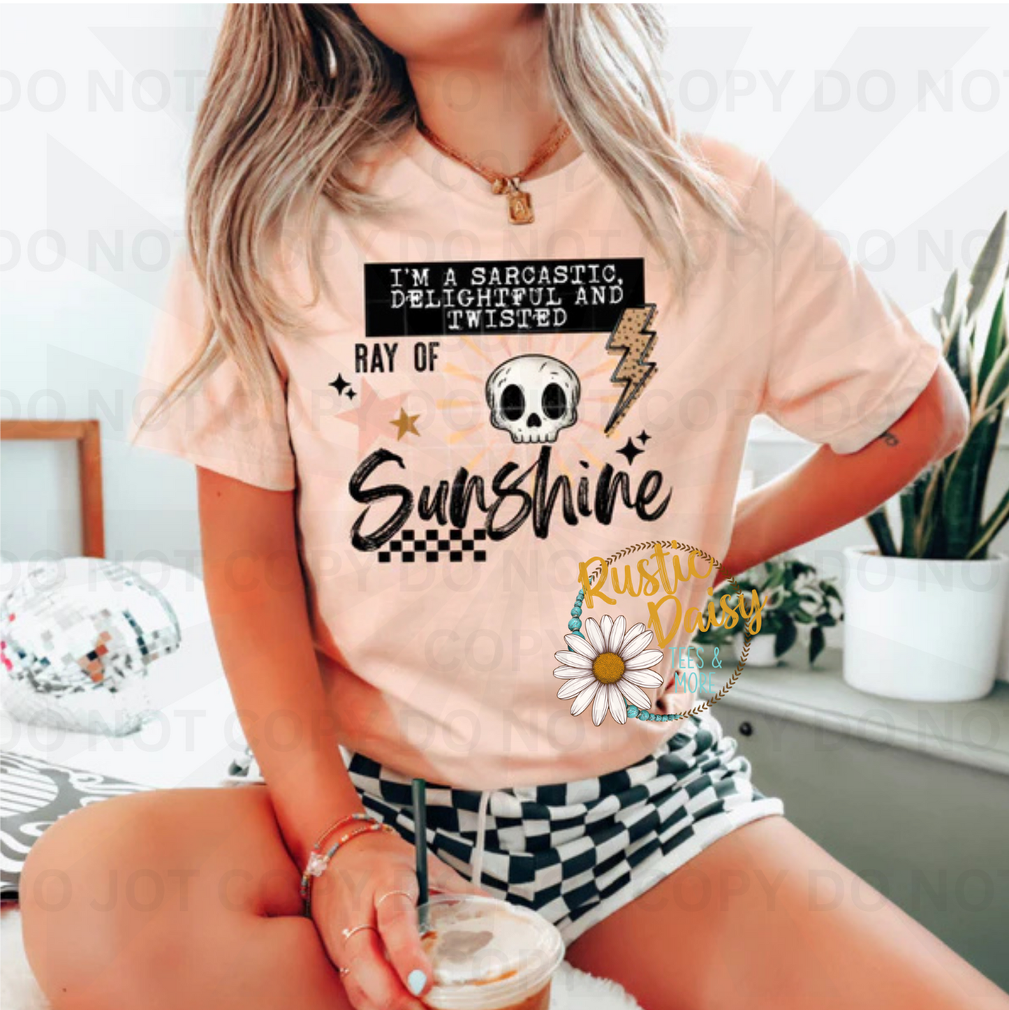 I'm a sarcastic delightful and twisted ray of sunshine text with skull, lightning bolt, stars, and checkered pattern, black wording