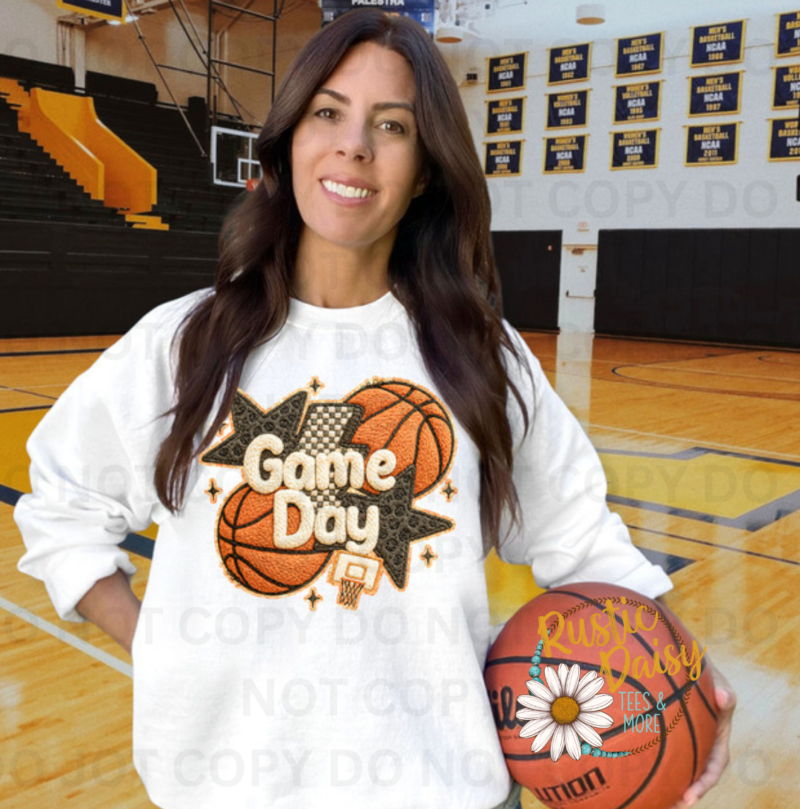 T-shirt with Game Day text in cream faux yarn, basketballs, leopard print stars, and basketball hoop in retro style