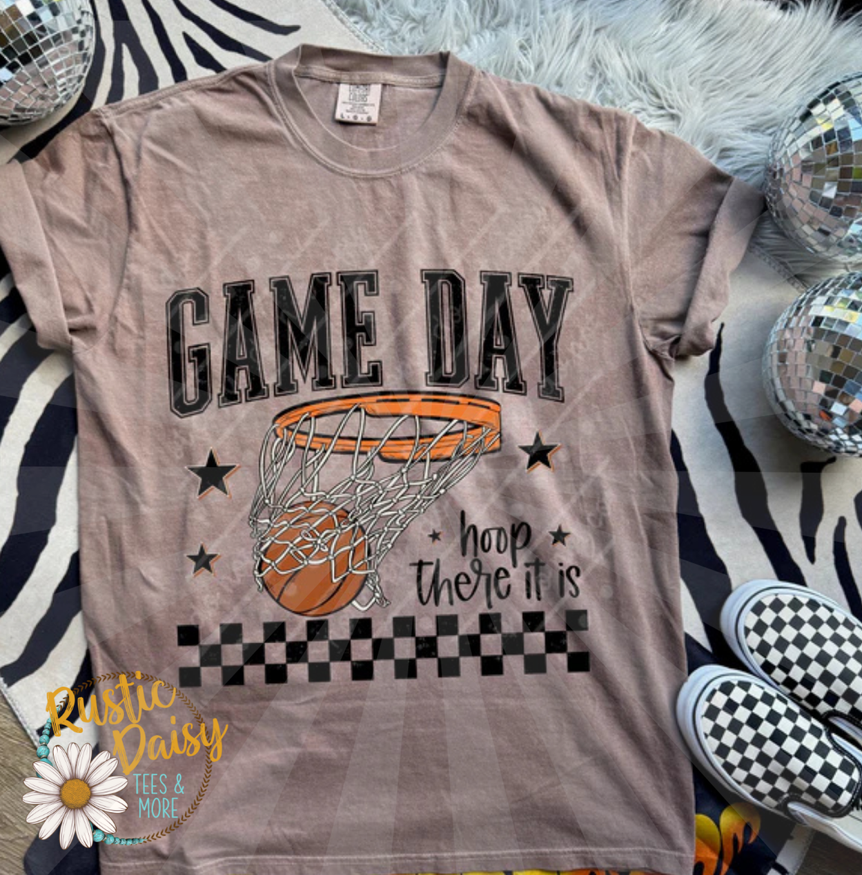 T-shirt with Game Day text, basketball, Hoop There It Is phrase, and checkered pattern accents