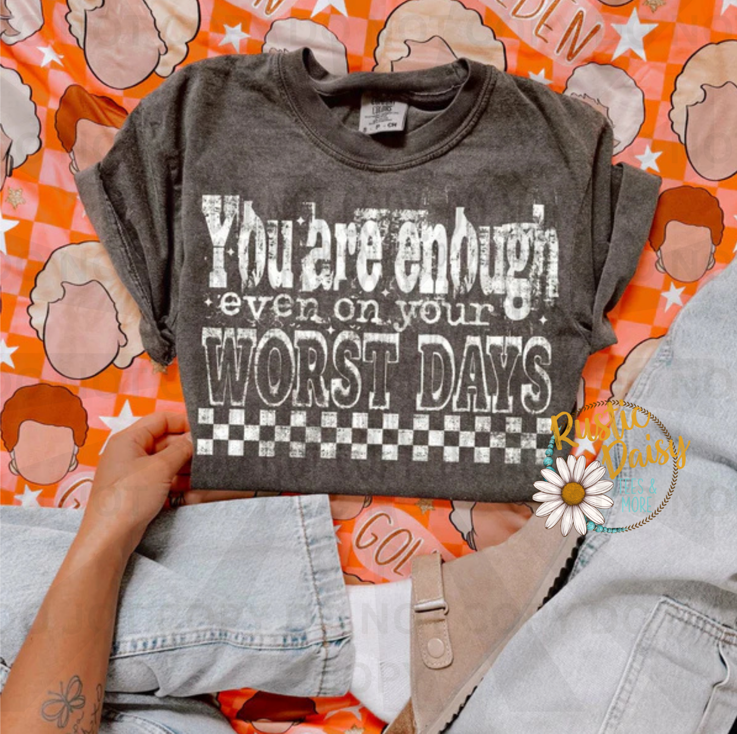 You are enough even on your worst days white text with checkered pattern accent