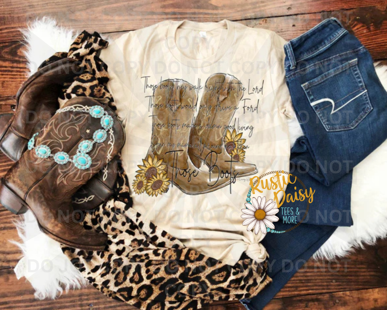 Cowboy boots with sunflowers and Those boots Walk To Church Lord scripture text overlay in black script letters