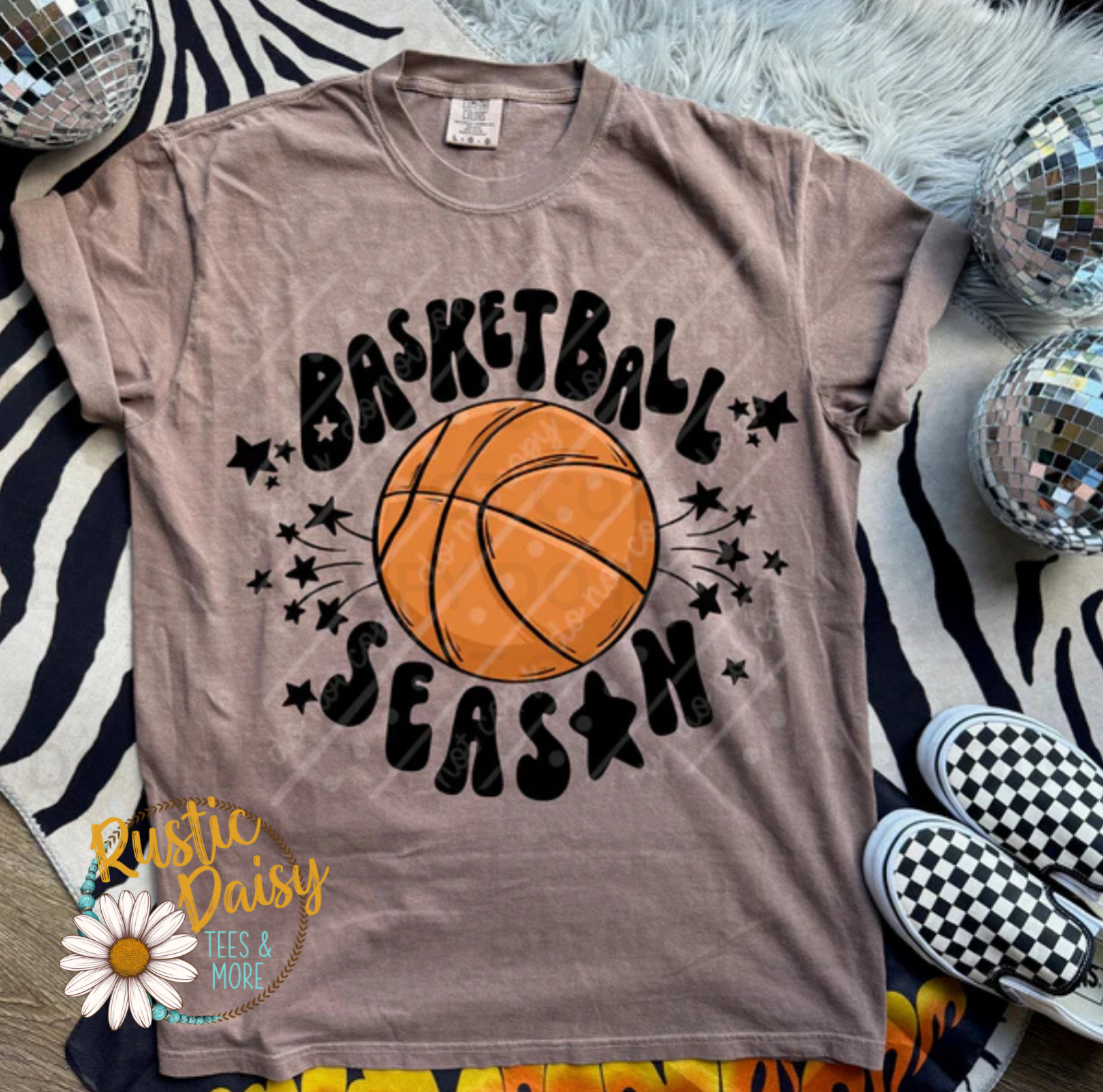 T-shirt with Basketball Season text in black with basketball graphic and stars