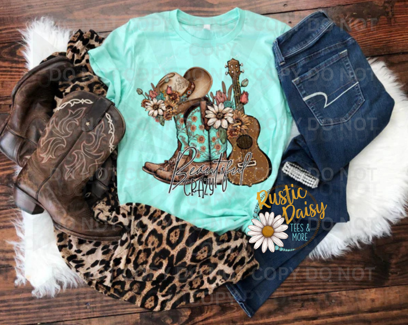 Beautiful Crazy text with cowboy boots, hat, guitar, and daisies