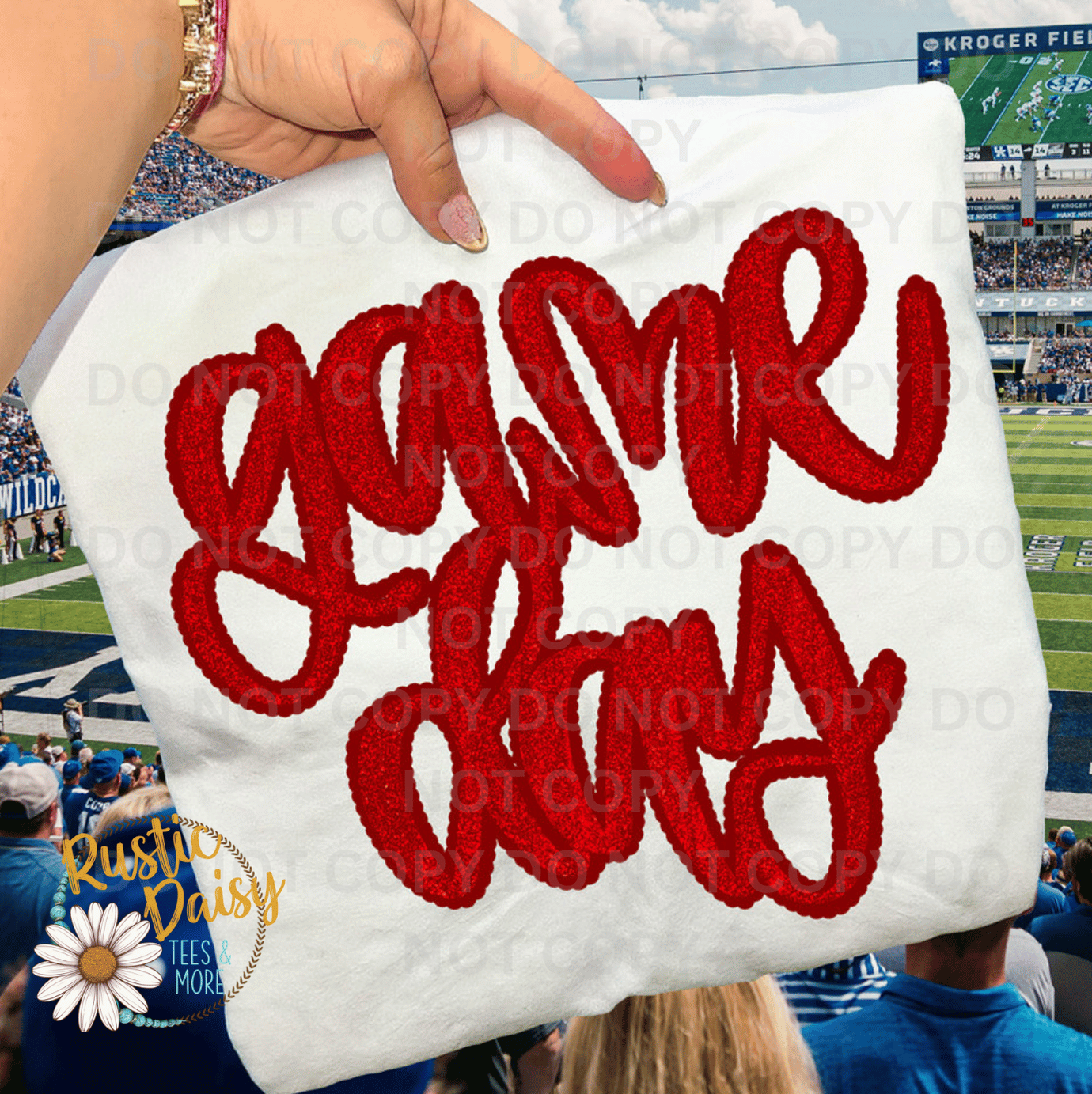 T-shirt with game day text in red faux glitter script