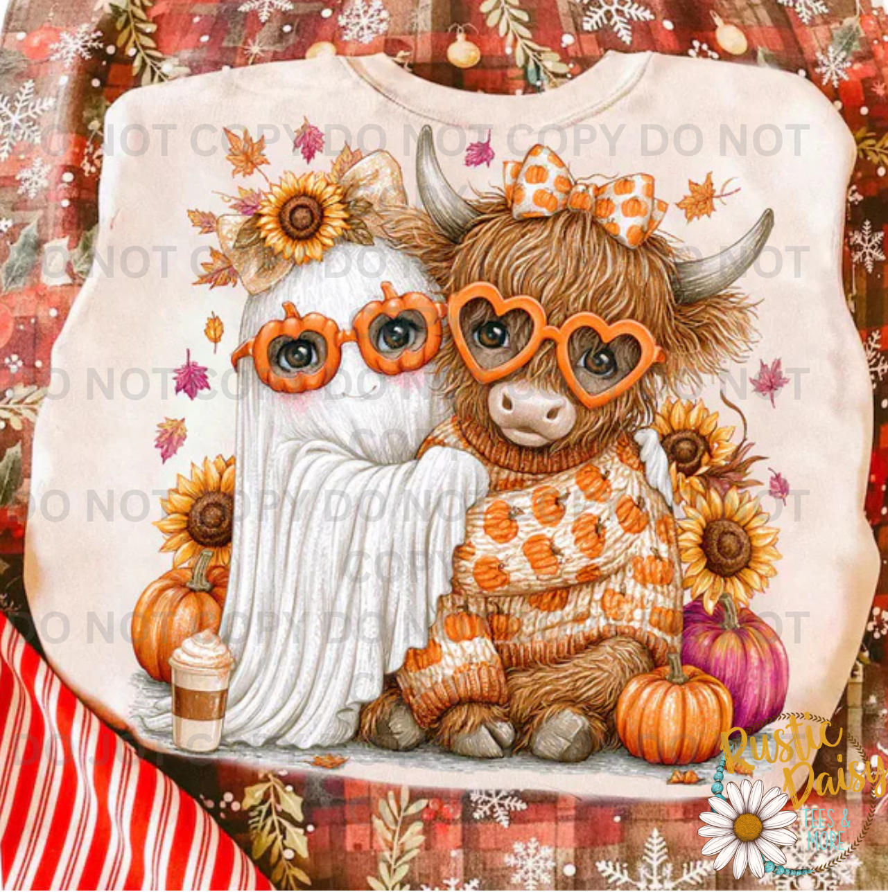 Ghost & Highland Cow with Pumpkins and Florals