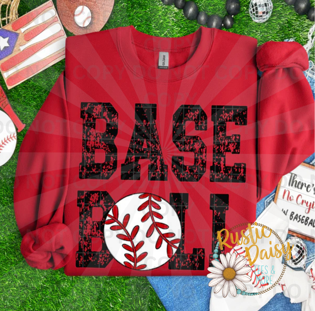 Baseball text with distressed lettering and baseball graphic