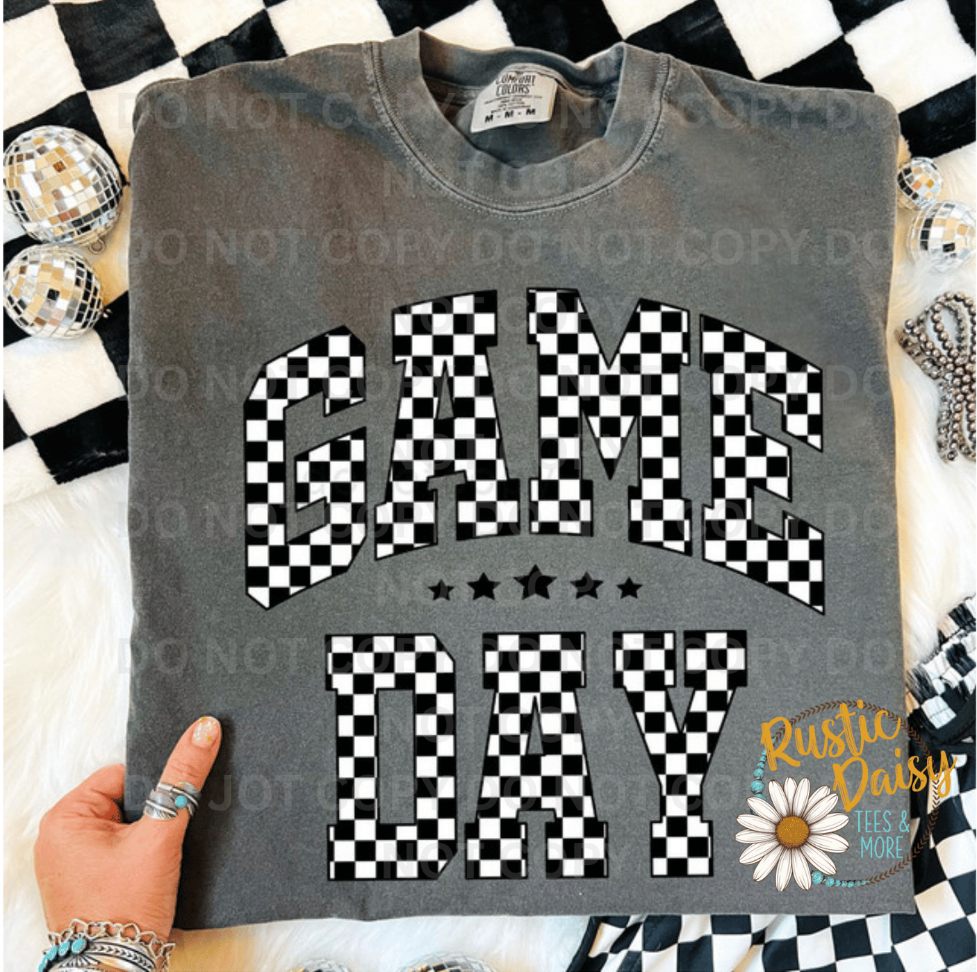 T-shirt with Game Day text in checkered pattern