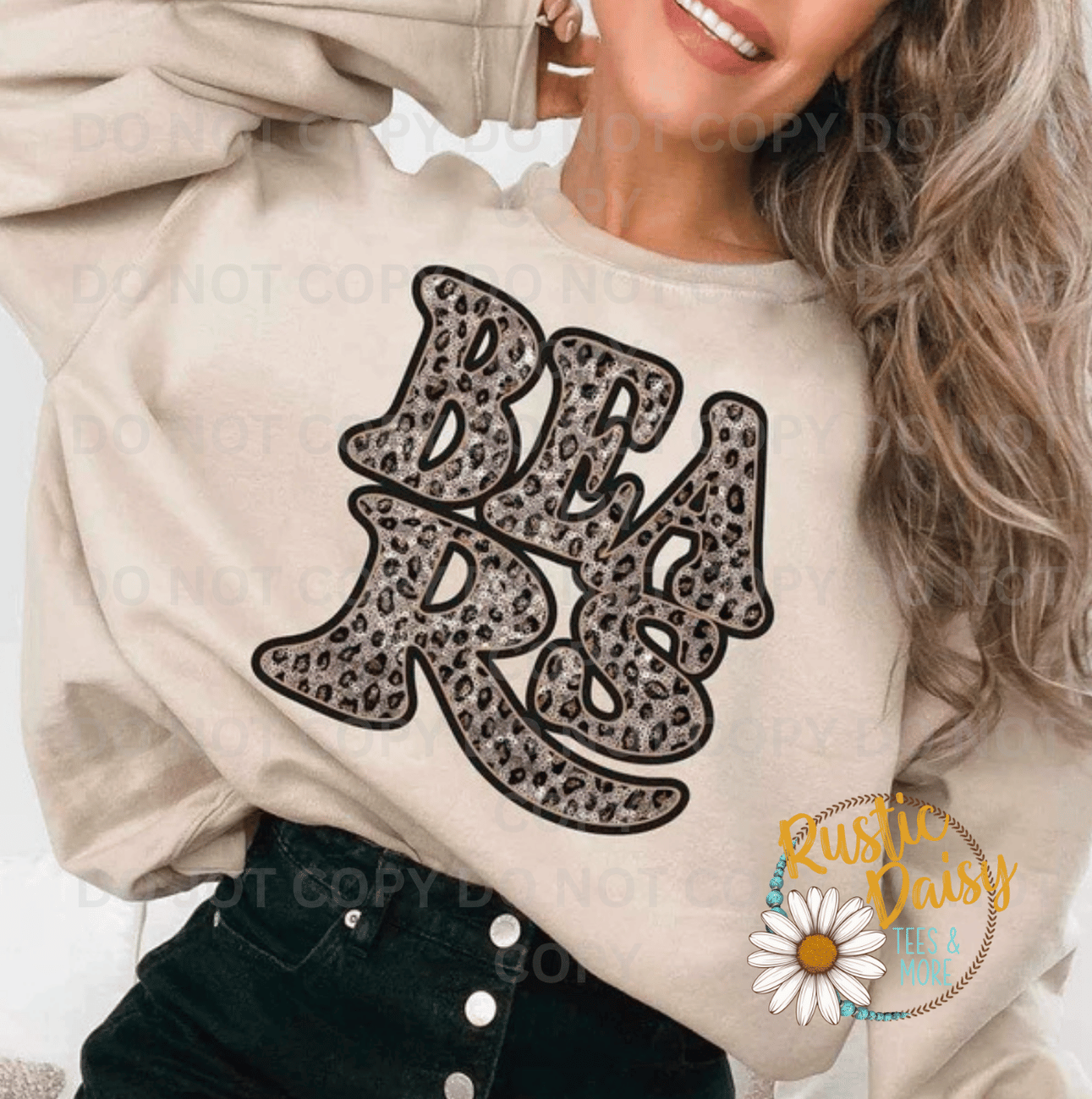 T-shirt with BEARS text in retro bubble letters filled with leopard print pattern