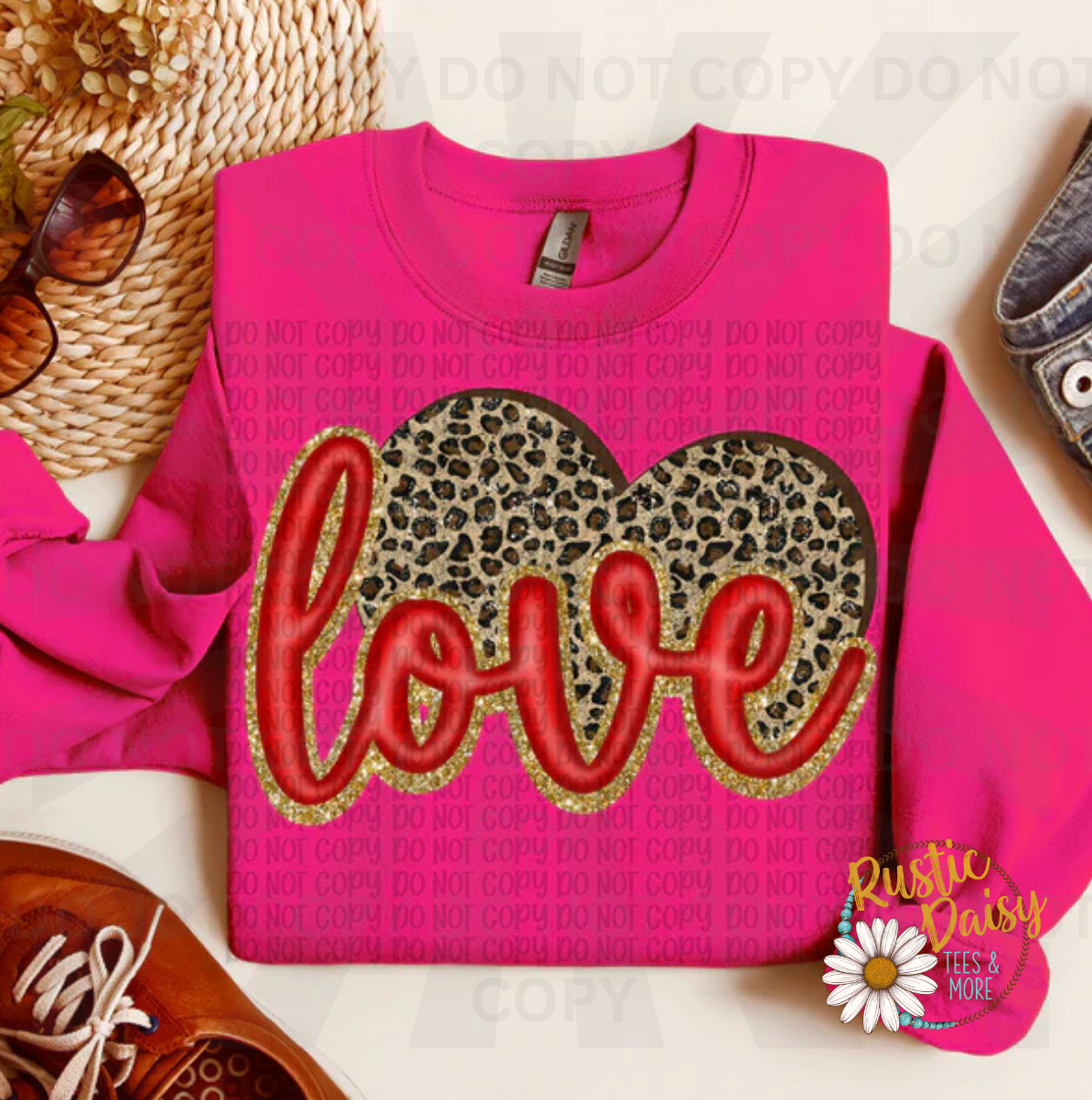 Love text in red with gold glitter outline on leopard print heart