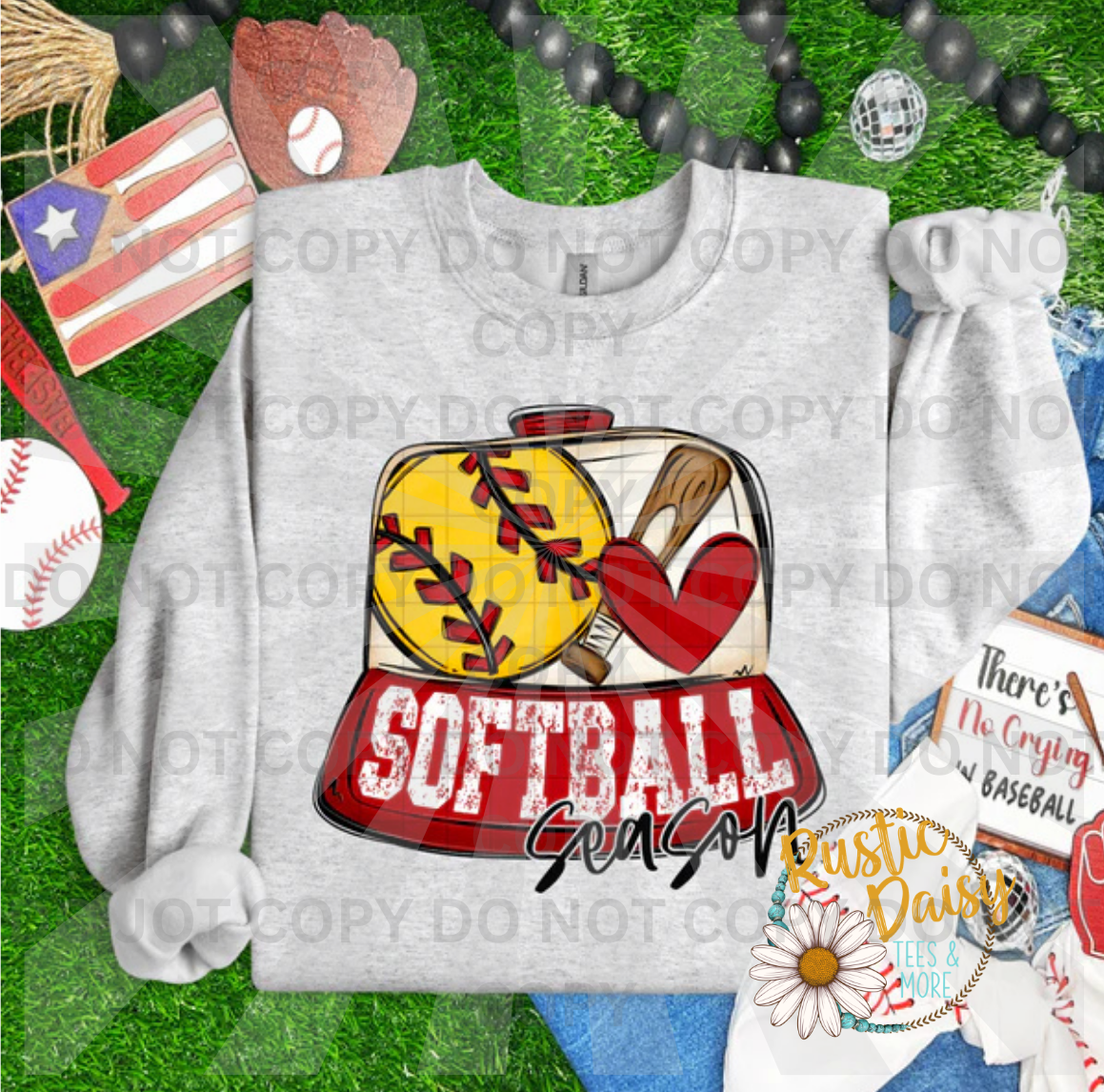 Softball Season text with yellow softball, wooden bat, and red heart