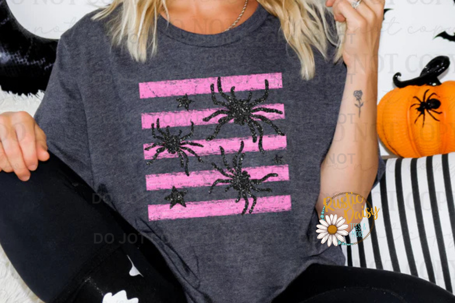 Sparkly Spiders Pink Stripes (Faux Glitter)