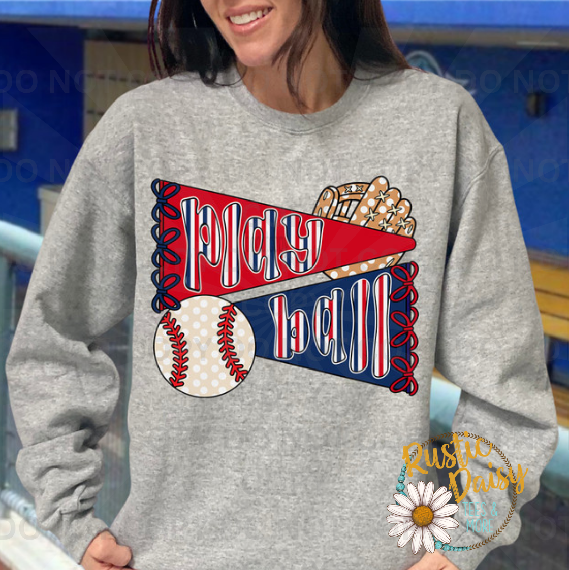 "Play Ball" on red and navy pennants with a baseball and glove.