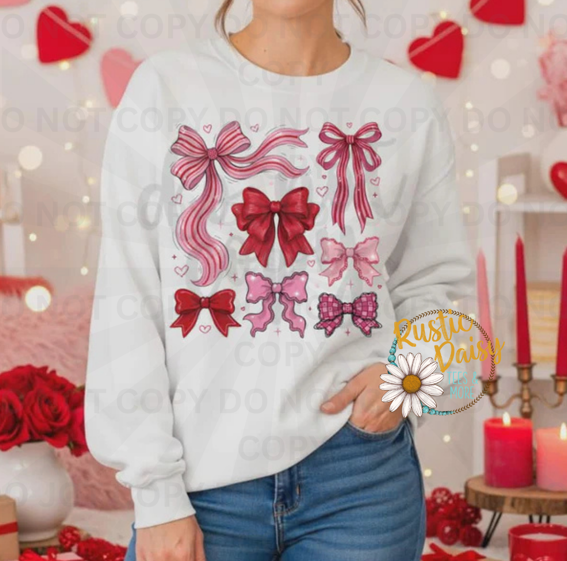 Pink and red ribbon bows arranged in pattern