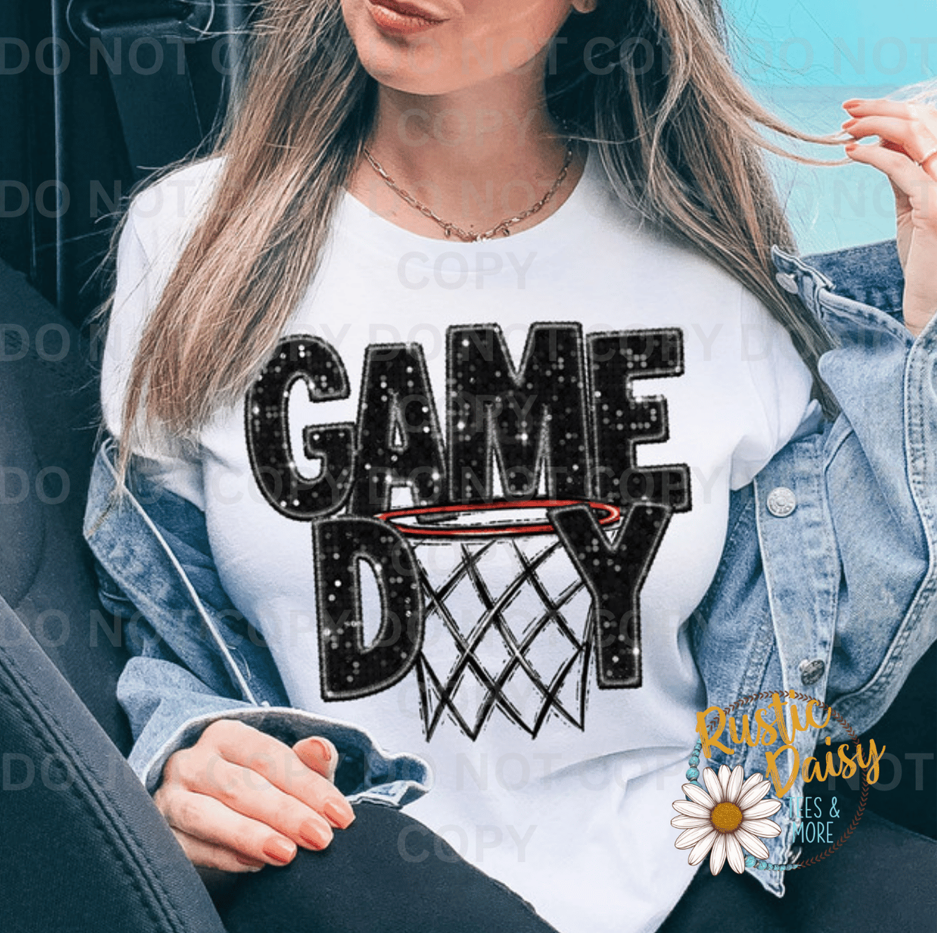 T-shirt with Game Day text in black faux sequin and basketball net graphic
