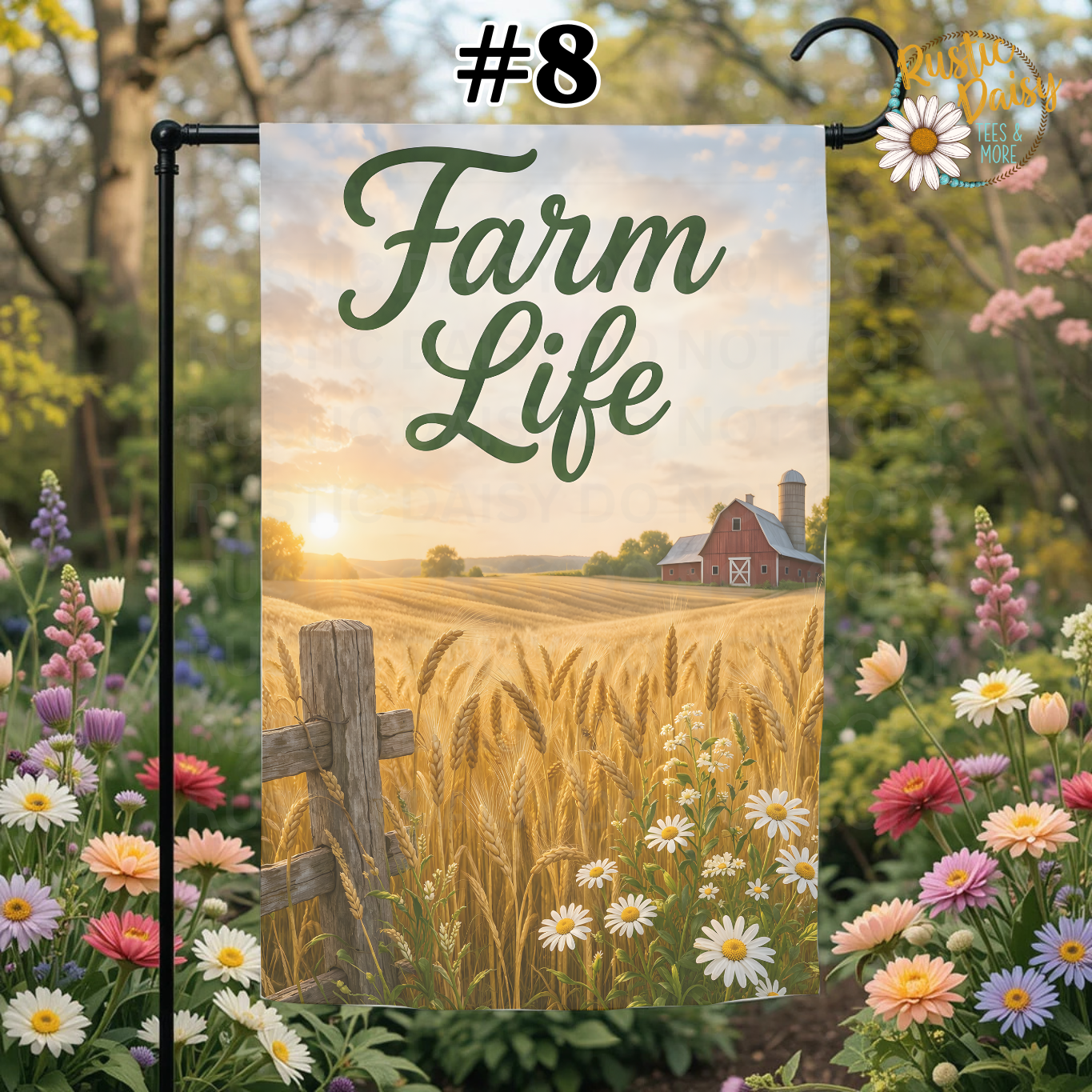 Decorative garden flag with 'Farm Life' text and a rural scene