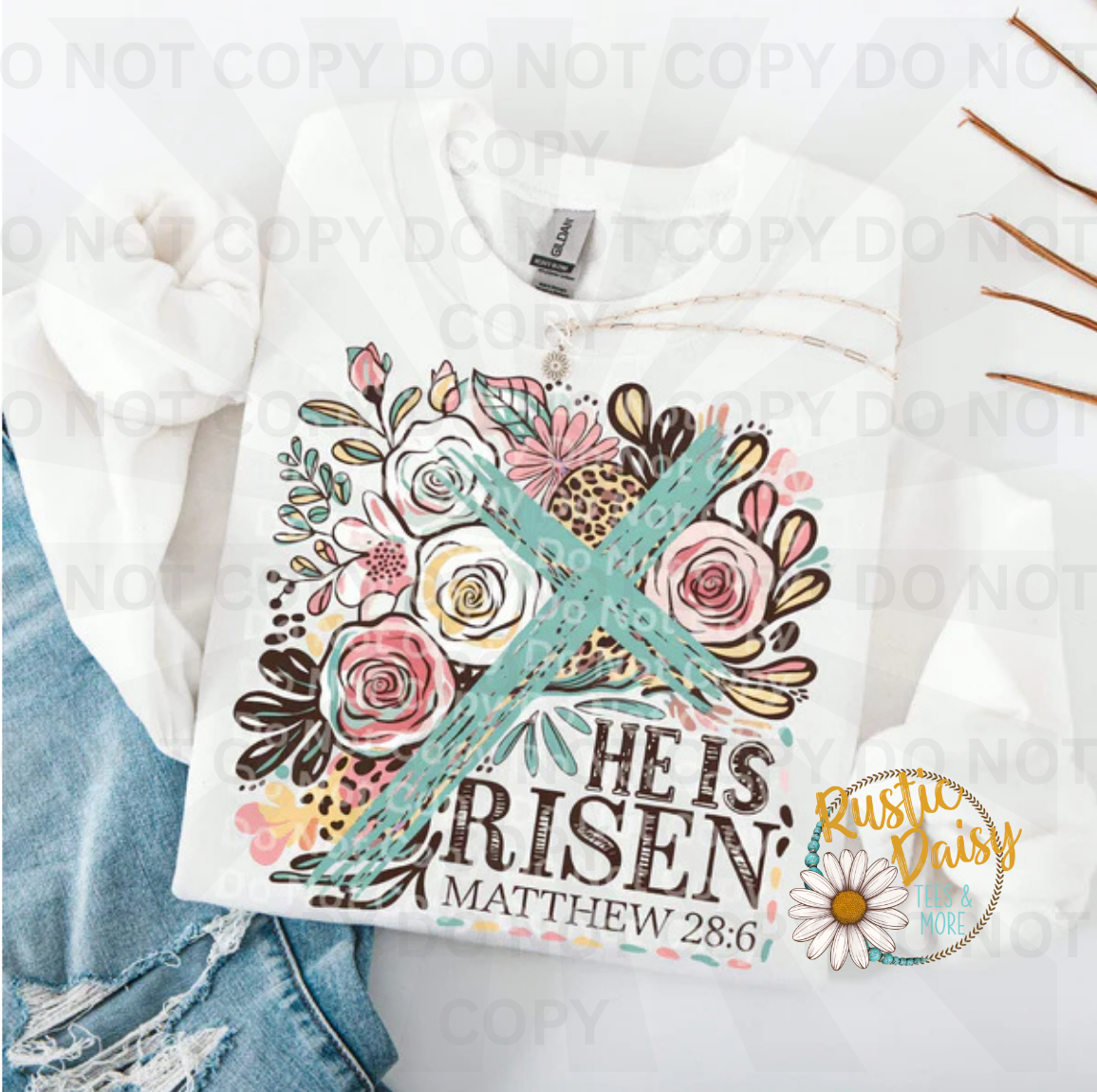 He Is Risen Easter text with mint green cross symbol