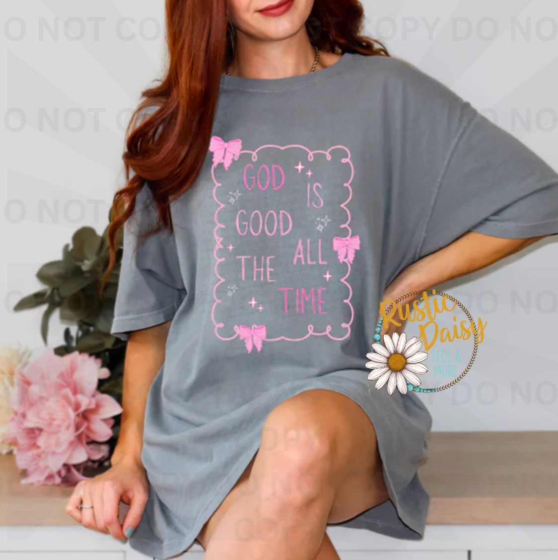 God Is Good All The Time text with pink decorative frames and ribbon bows