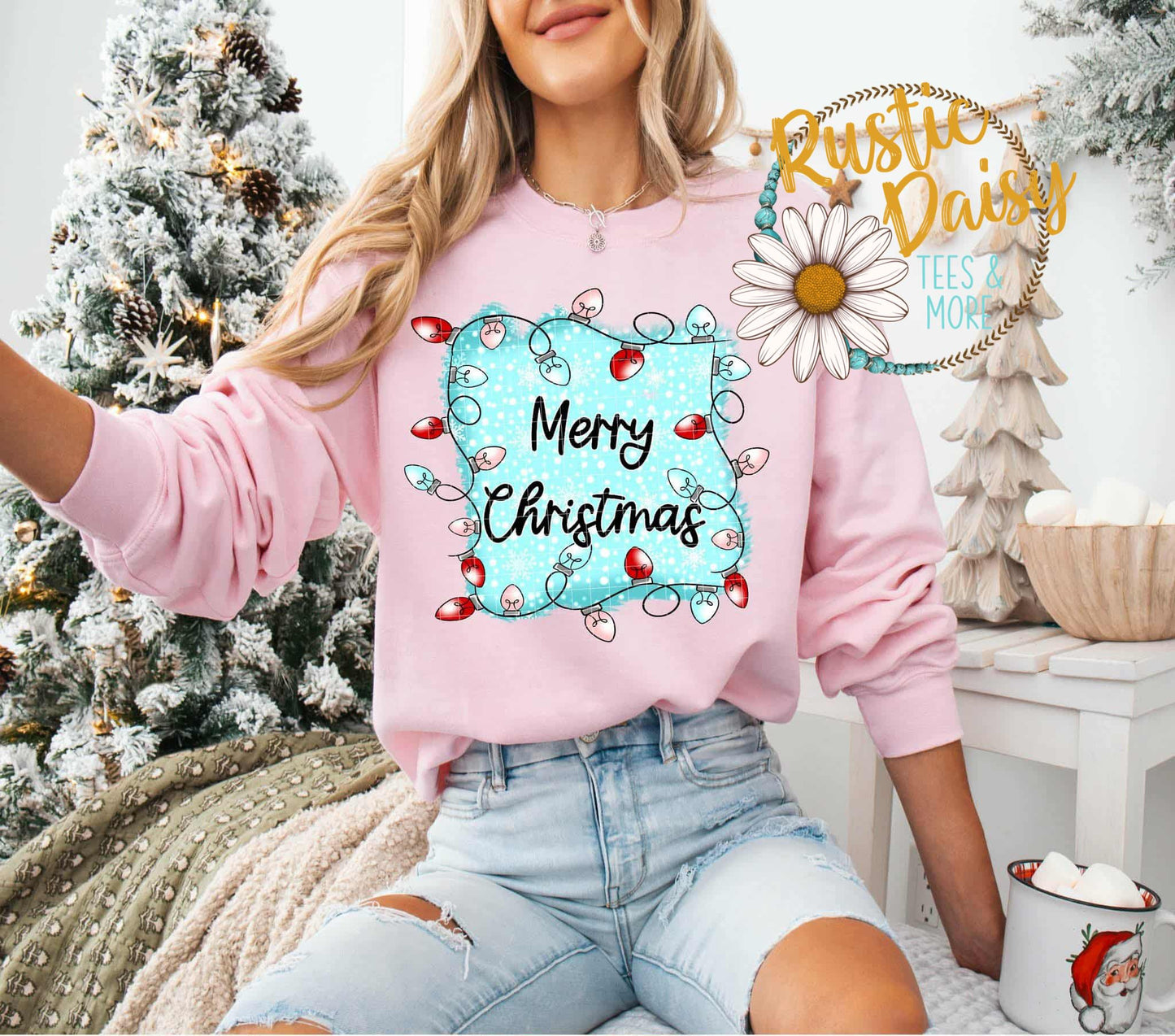 Blue Merry Christmas Frame with Lights