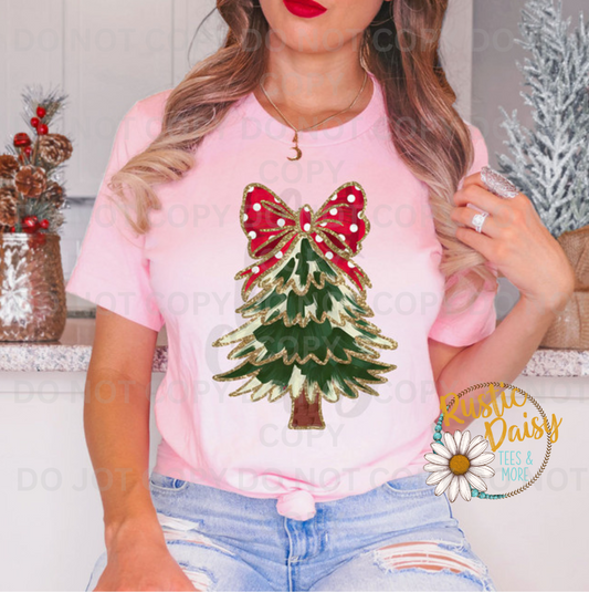 Green Brushstroke Red Bow Faux Glitter