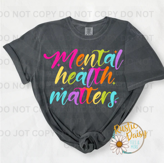 Colorful Mental Health Matters script in rainbow gradient with sparkles