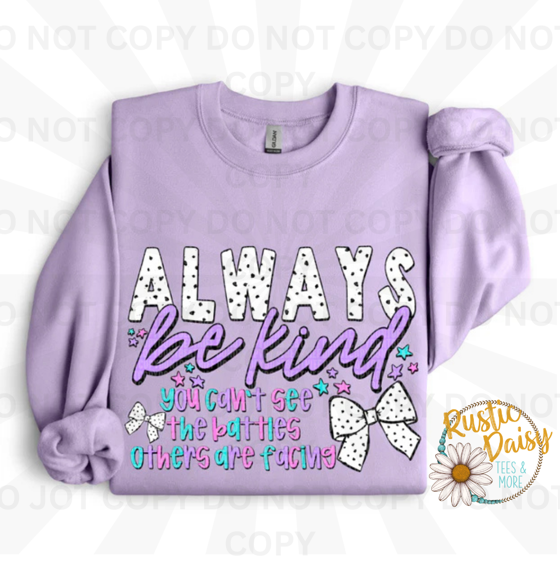 Always Be Kind text with colorful polka dot ribbon bow