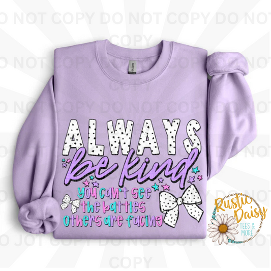 Always Be Kind text with colorful polka dot ribbon bow