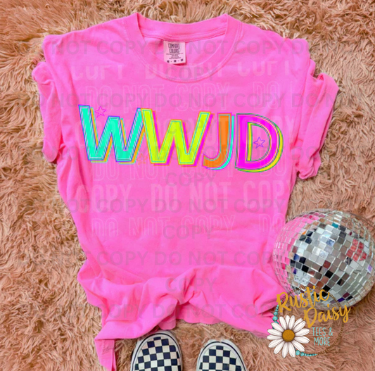 Bold neon WWJD block letters in rainbow colors