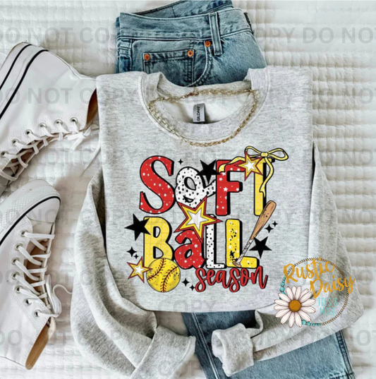 Softball Season text with patterned softball-themed letters and star accents