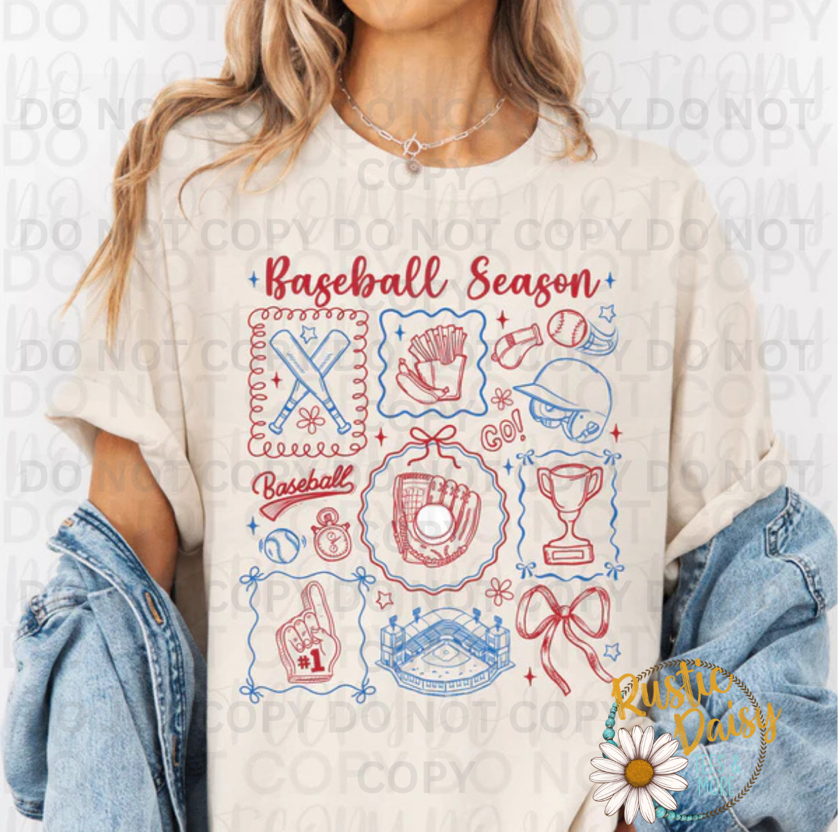 Baseball Season collage with bats glove helmet trophy and bow doodles