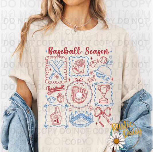 Baseball Season collage with bats glove helmet trophy and bow doodles