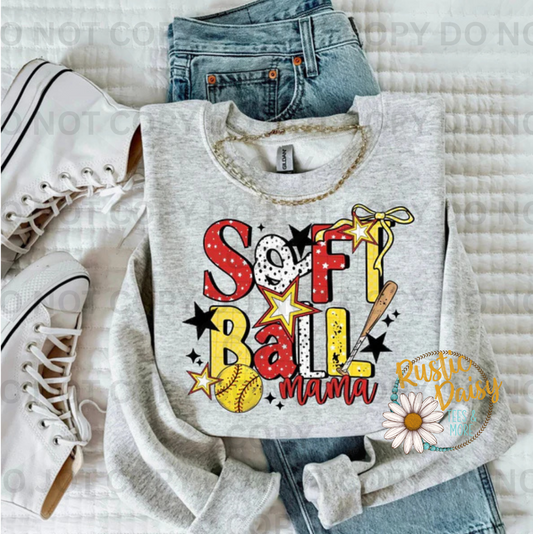 Softball Mama text with patterned softball-themed letters and star accents